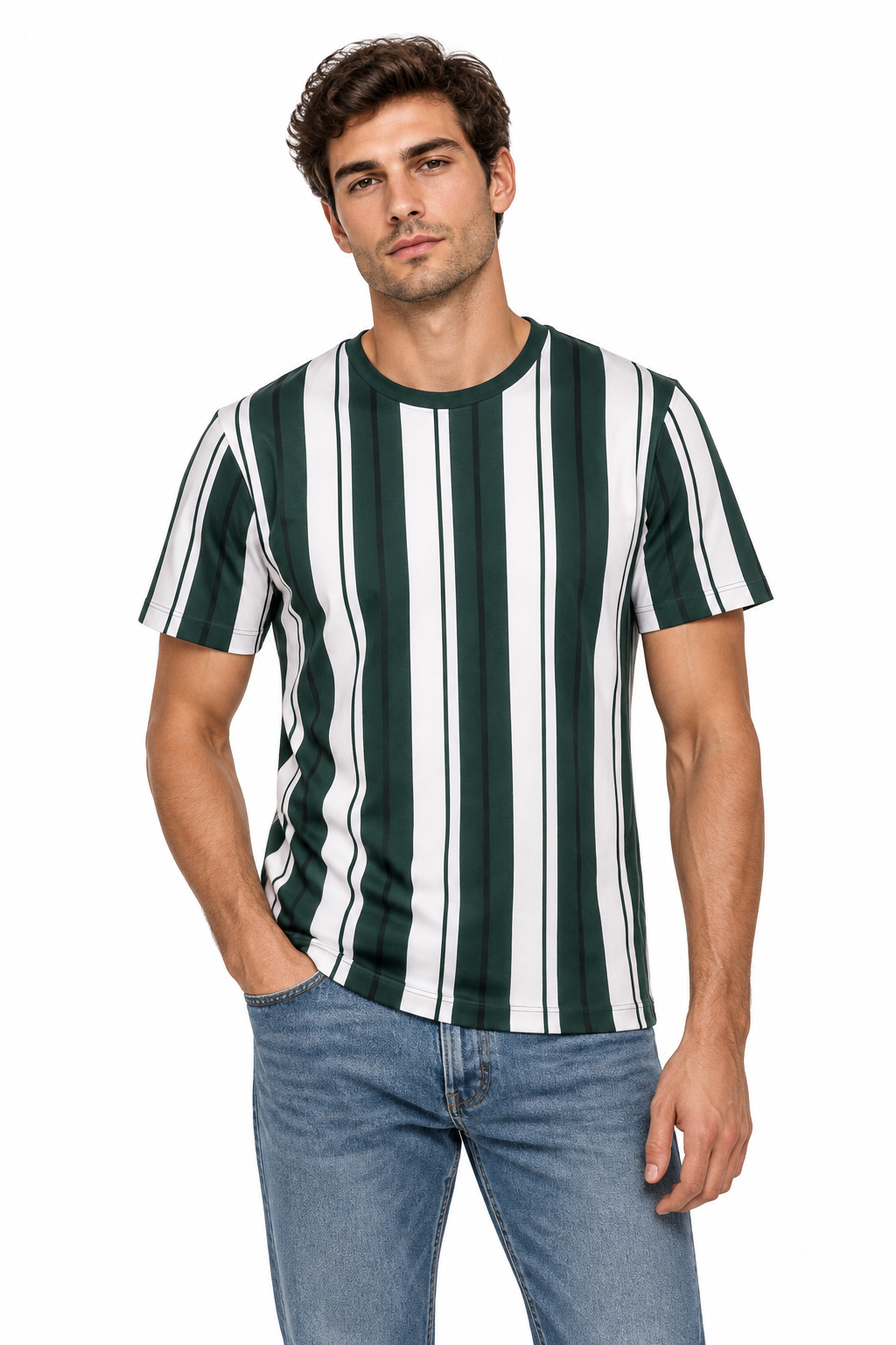 Men's Green & White Stripe Tee - Model