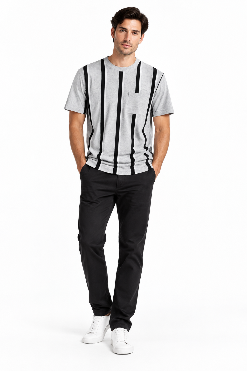 Men's Grey & Black Stripe Tee - Model