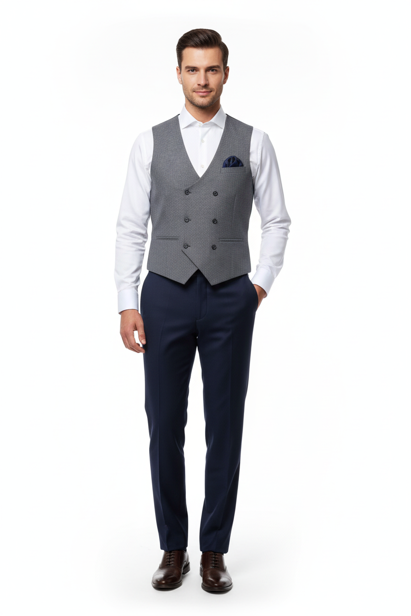 Men's Grey Double-Breasted Waistcoat on Model