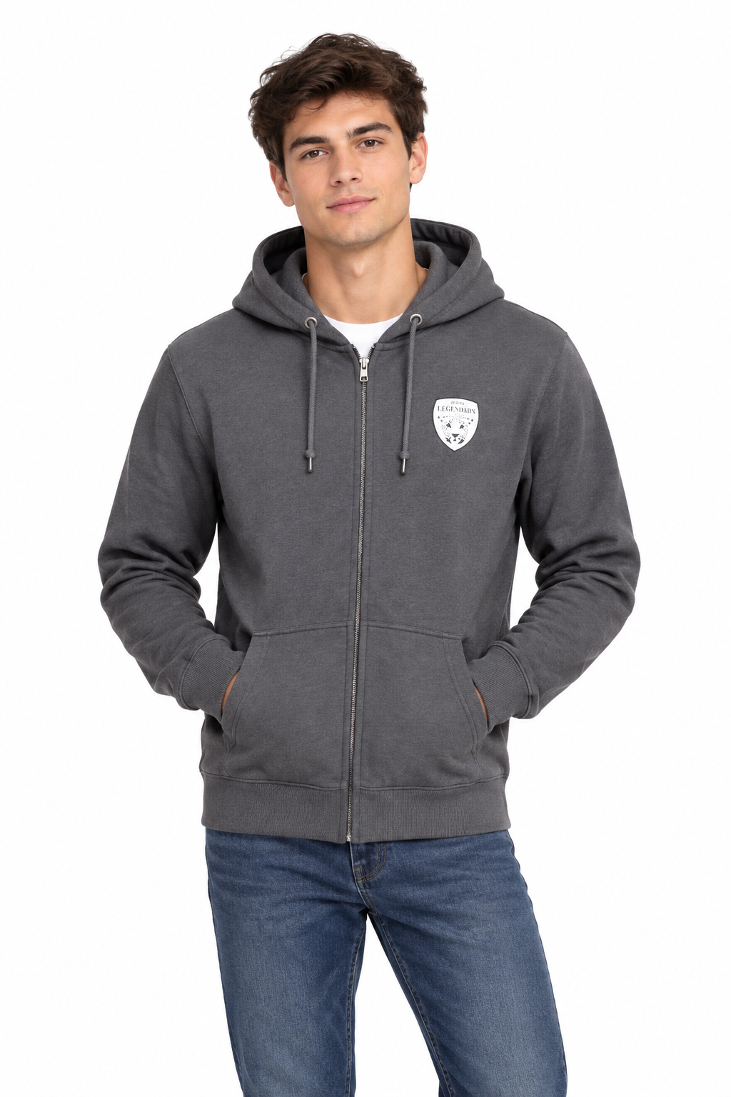 Men's Grey Zip-Up Hoodie on Model - White Background