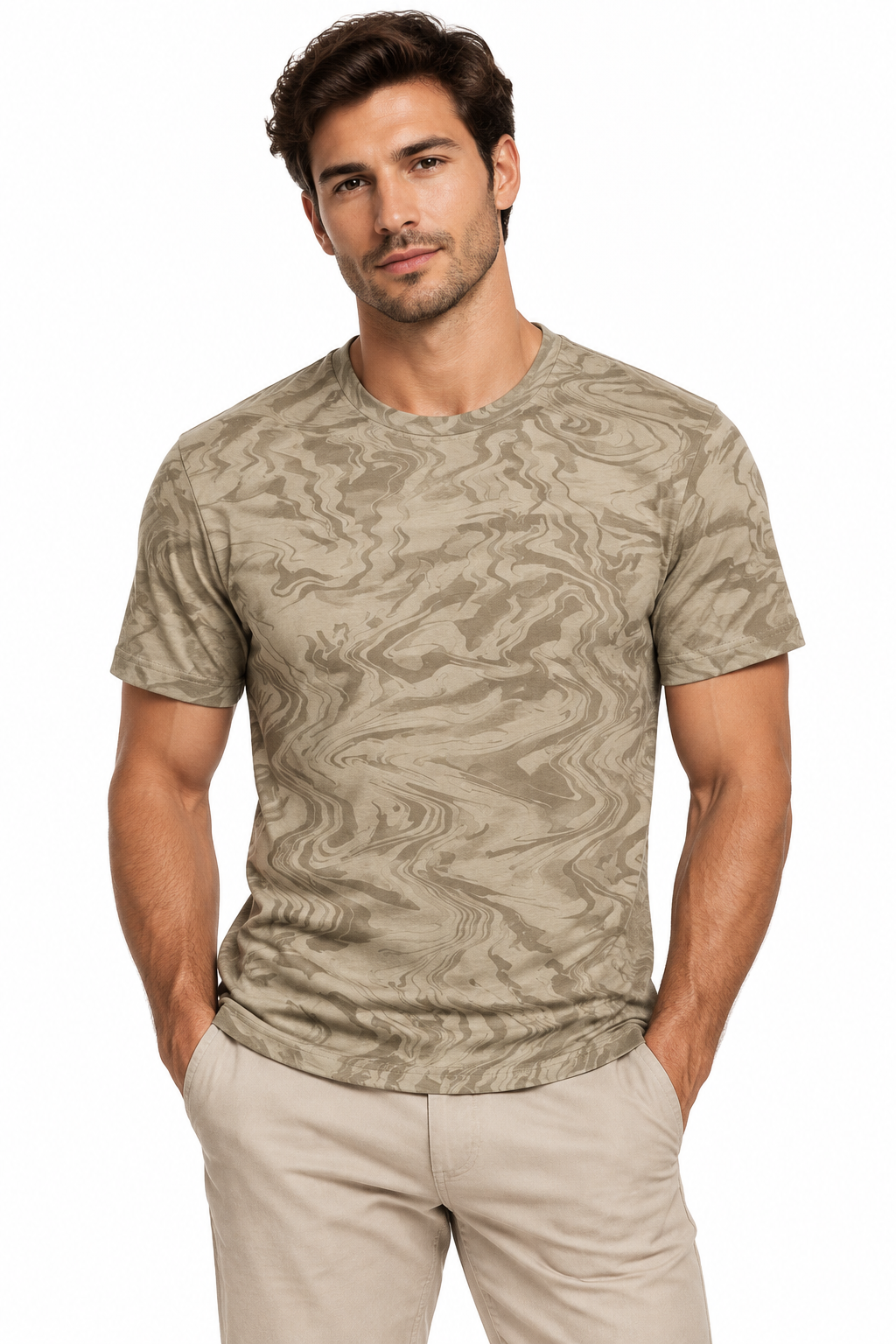 Men's Khaki Marble Print Tee - Model