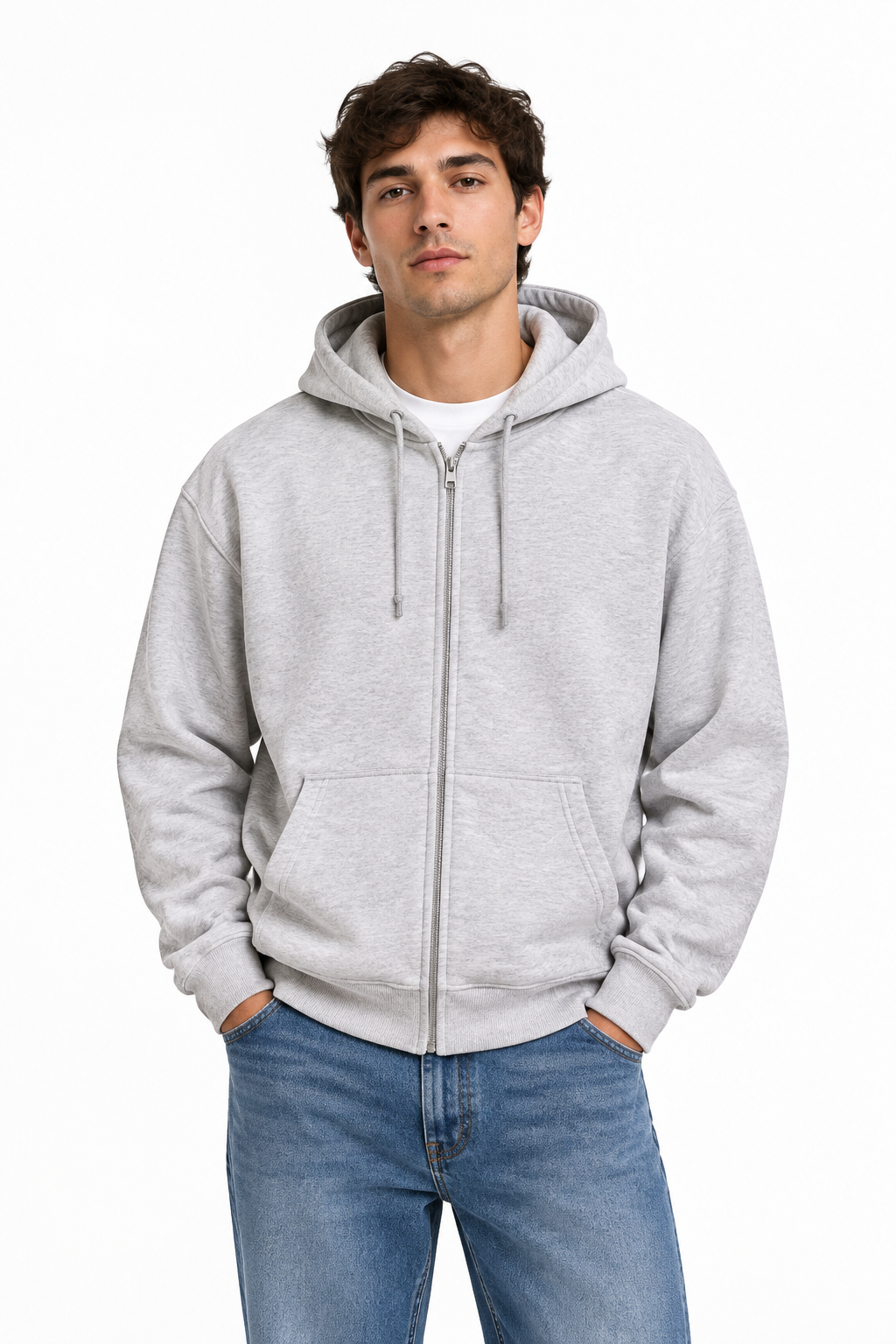Men's Light Grey Zip-Up Hoodie on Model