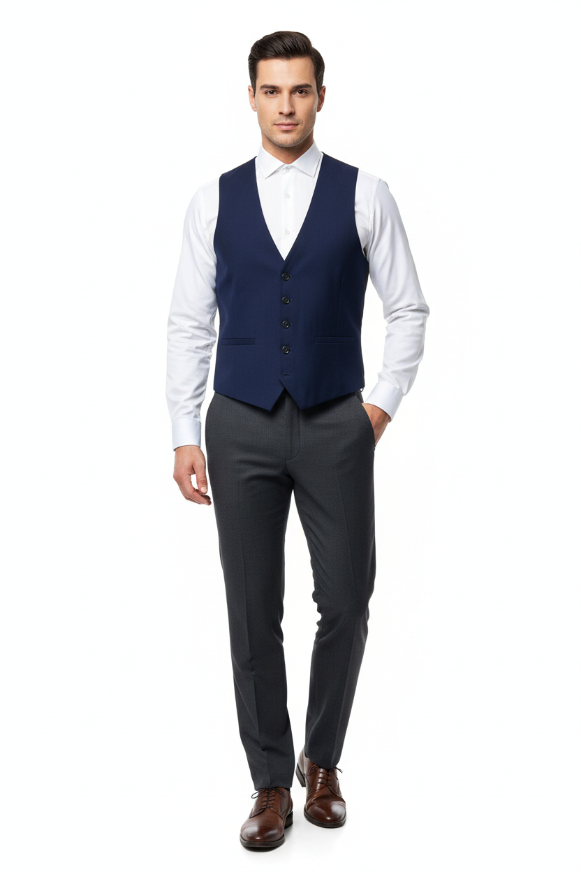 Men's Navy Blue Waistcoat on Model