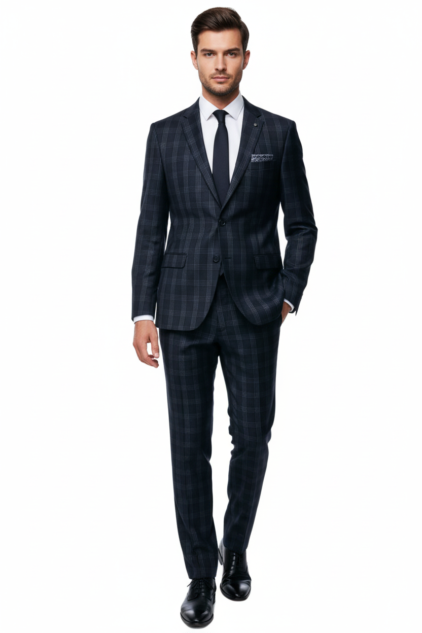 Men's Navy Check 2 Piece Suit on Model