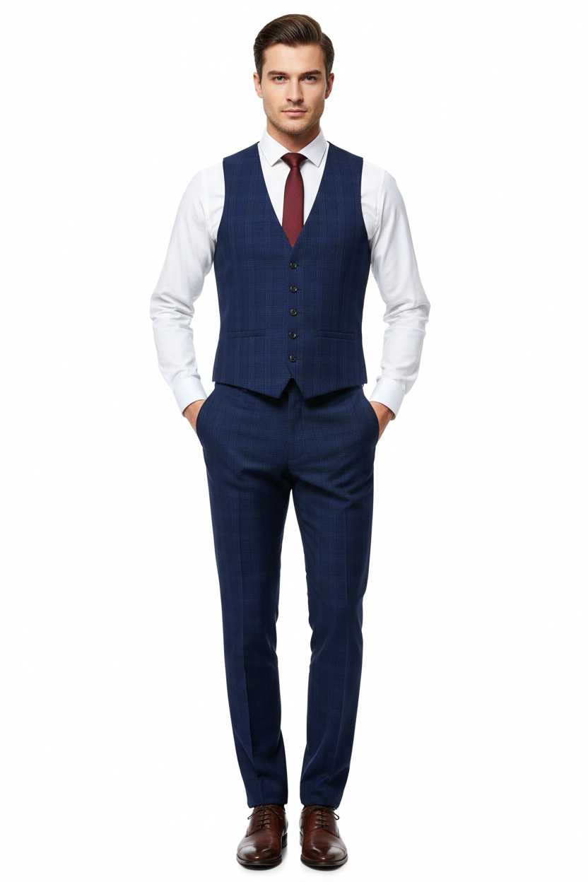 Men's Navy Check Waistcoat on Model