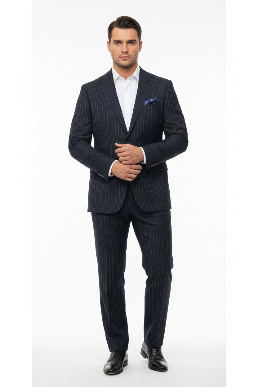 Men's Navy Pinstripe Suit - Large Build Model