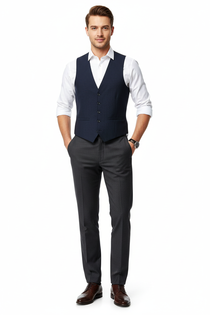 Men's Navy Waistcoat on Model