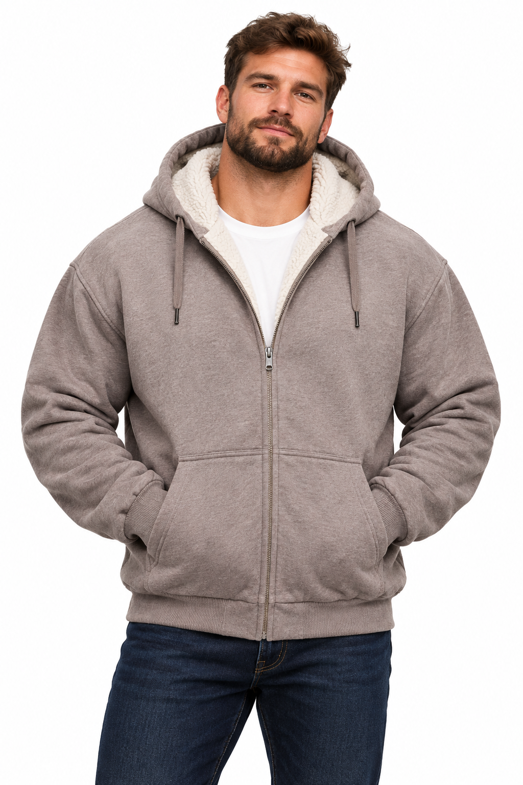 Men's Next Beige Fleece Lined Hoodie on Large Model - White Background