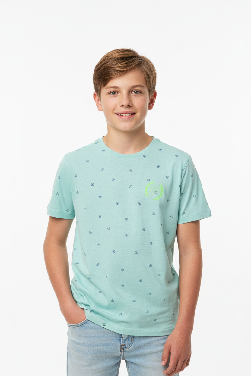 Mint green t-shirt model shot head to hip