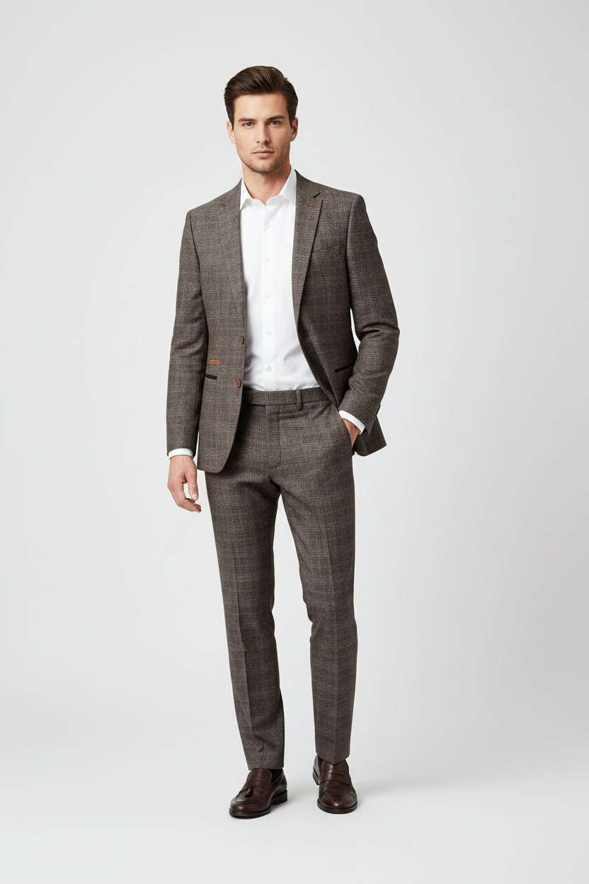 Model in Brown Check Suit