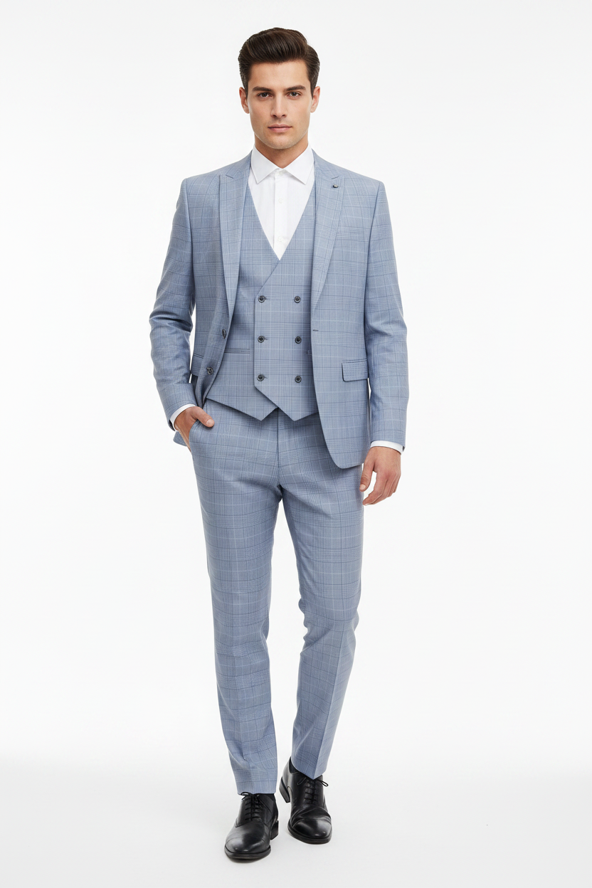 Model in pale blue glen check 3-piece suit