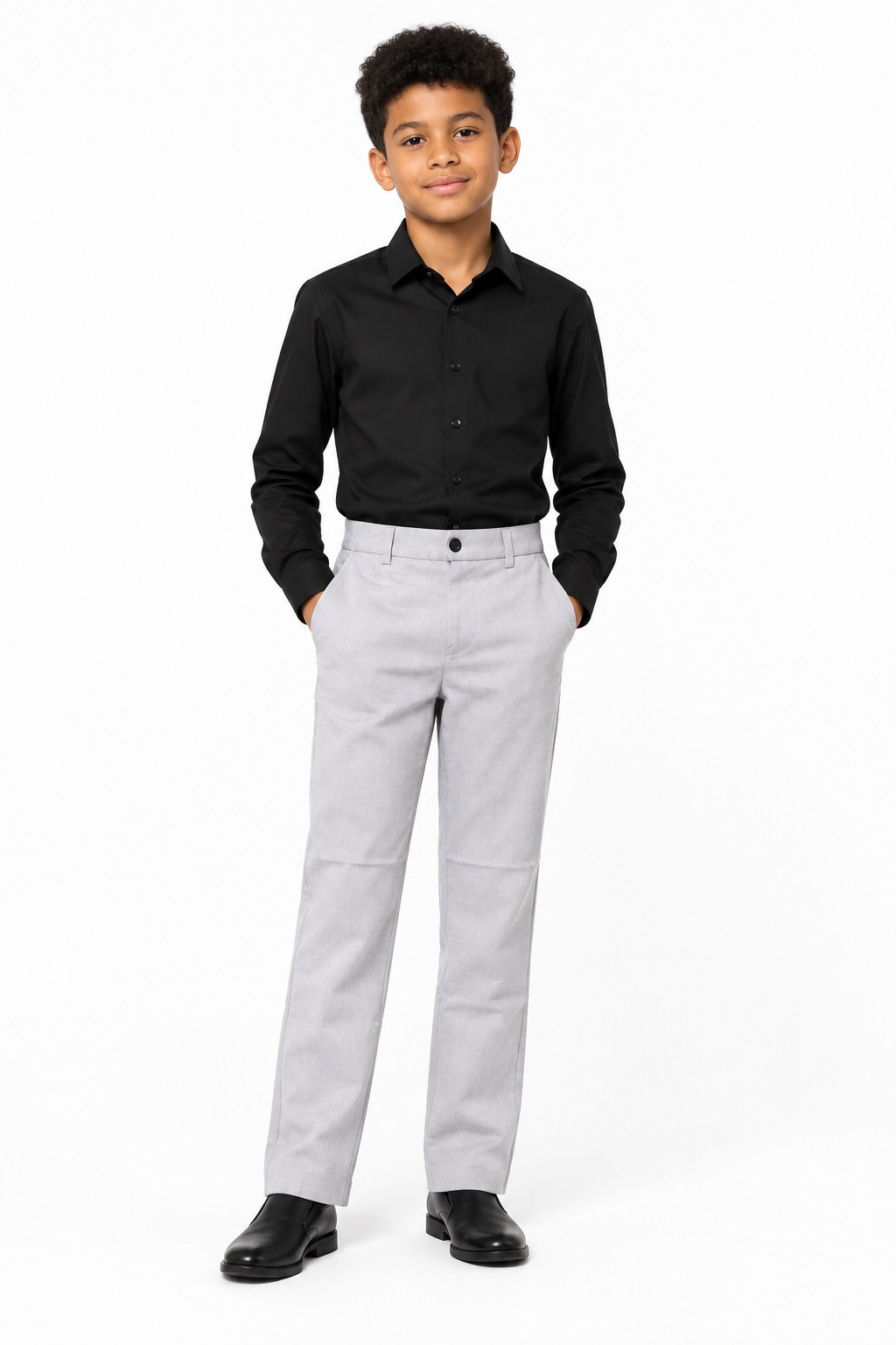 Model of colour wearing grey formal trousers with a black shirt and black shoes