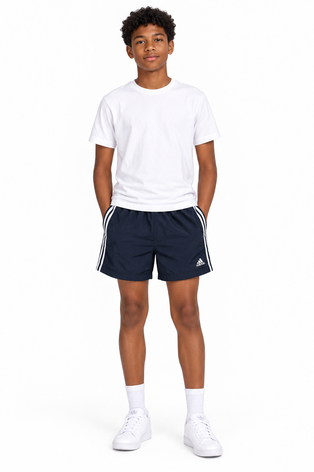 Model of colour wearing the Adidas navy shorts