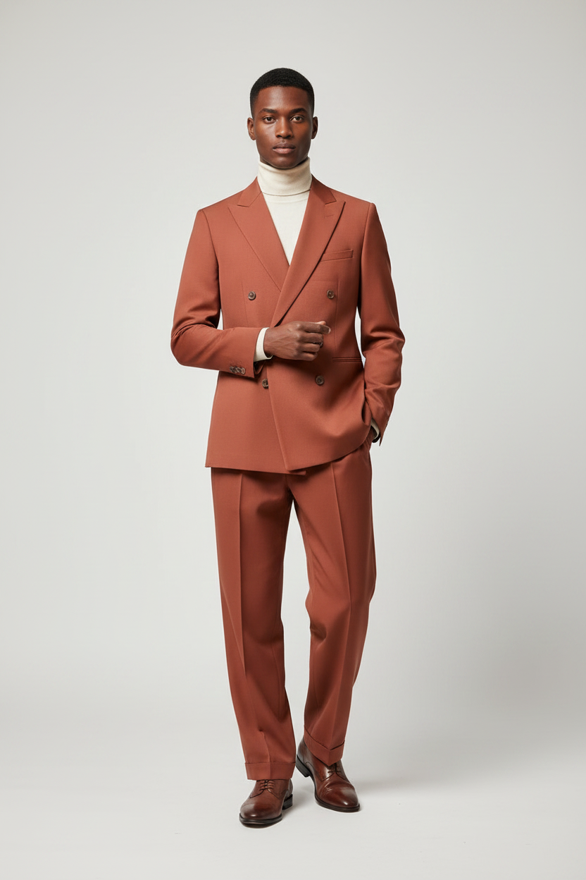 Model wearing 4-button double-breasted suit
