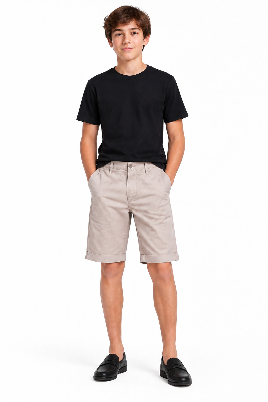 Model wearing beige chino shorts with a black T-shirt and black loafers