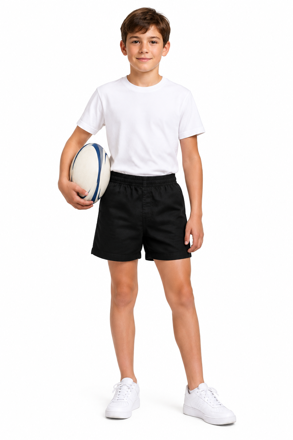 Model wearing black rugby shorts and holding a rugby ball