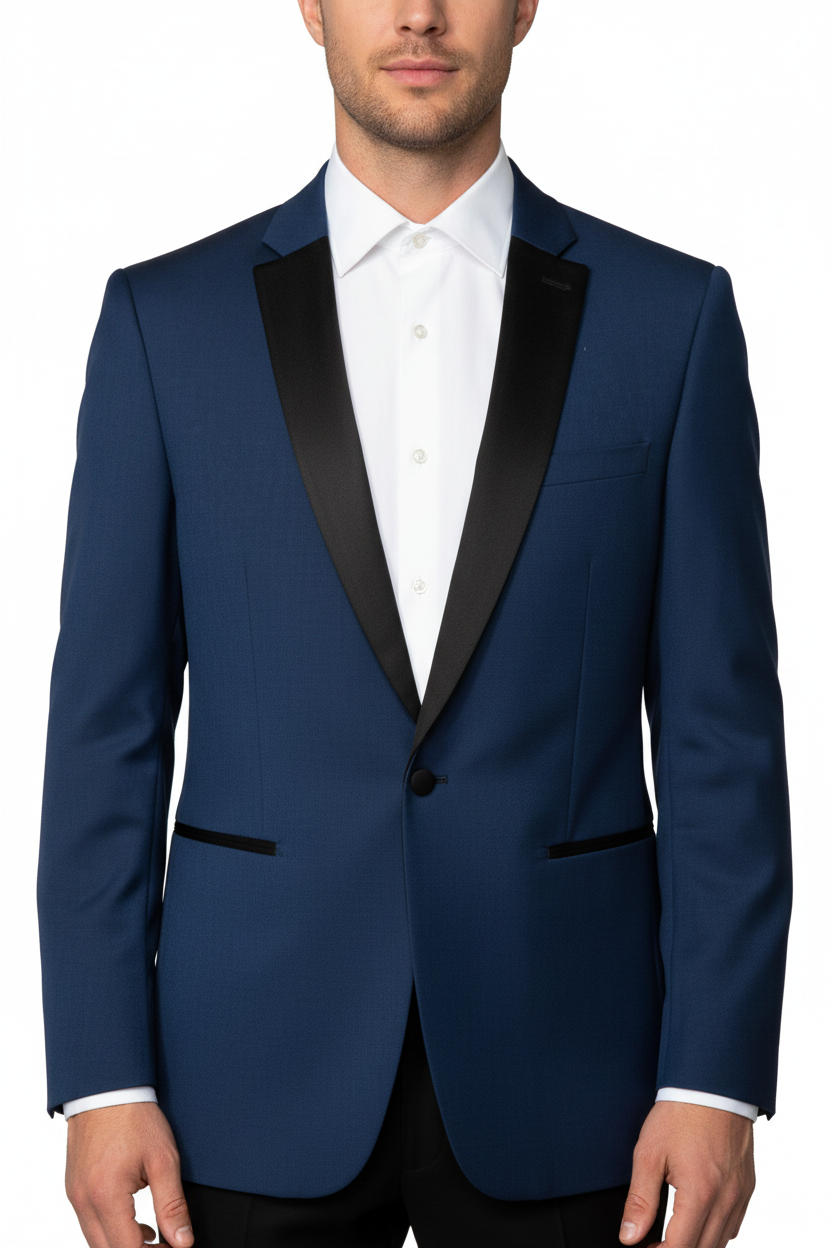Model wearing blue blazer with peak lapel
