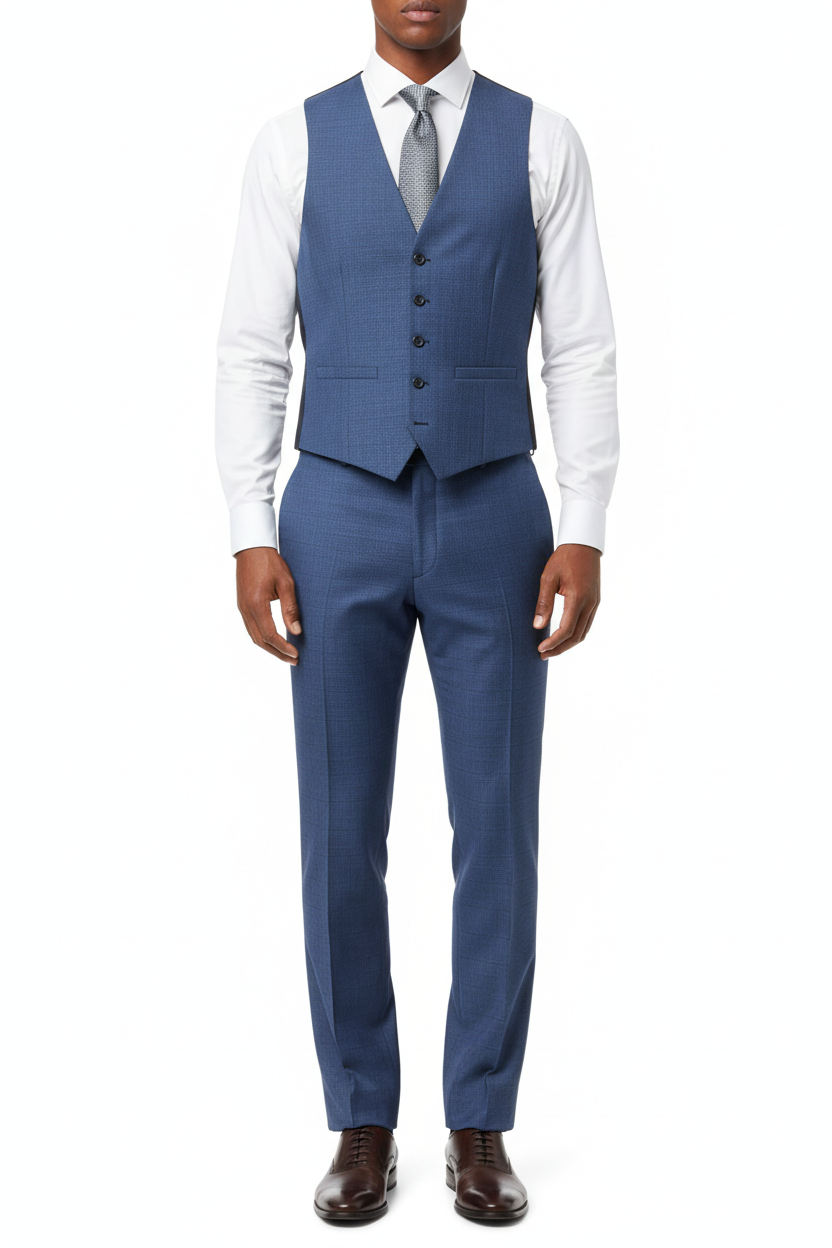 Model wearing blue check suit waistcoat