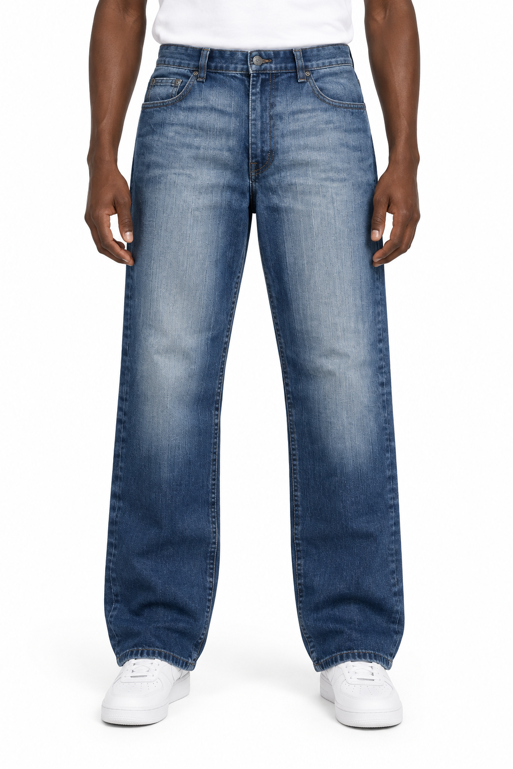 Model wearing blue Cherokee jeans in a loose regular fit