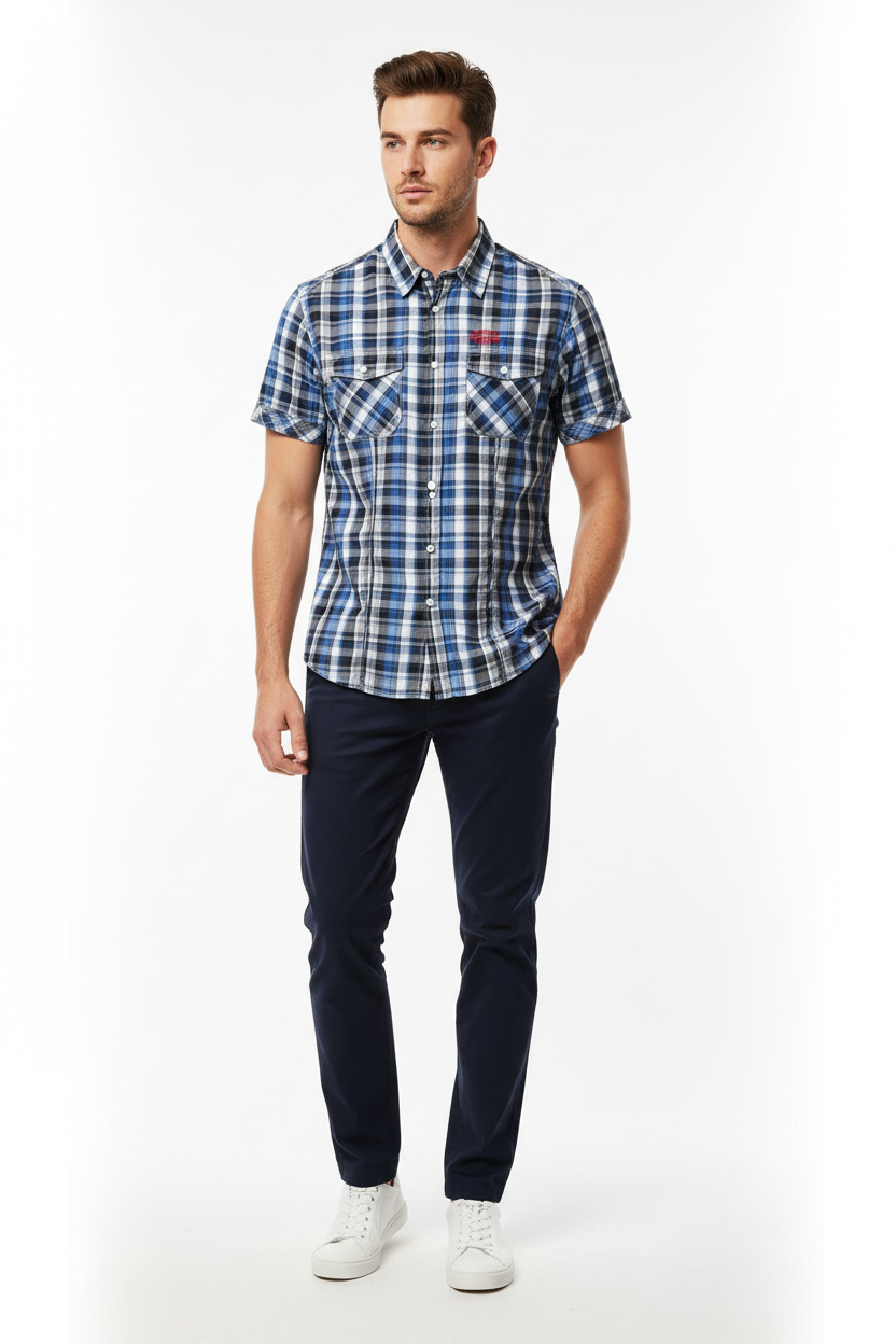 Model wearing blue plaid shirt