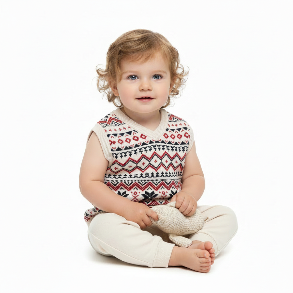 Model wearing fair isle vest – tag removed