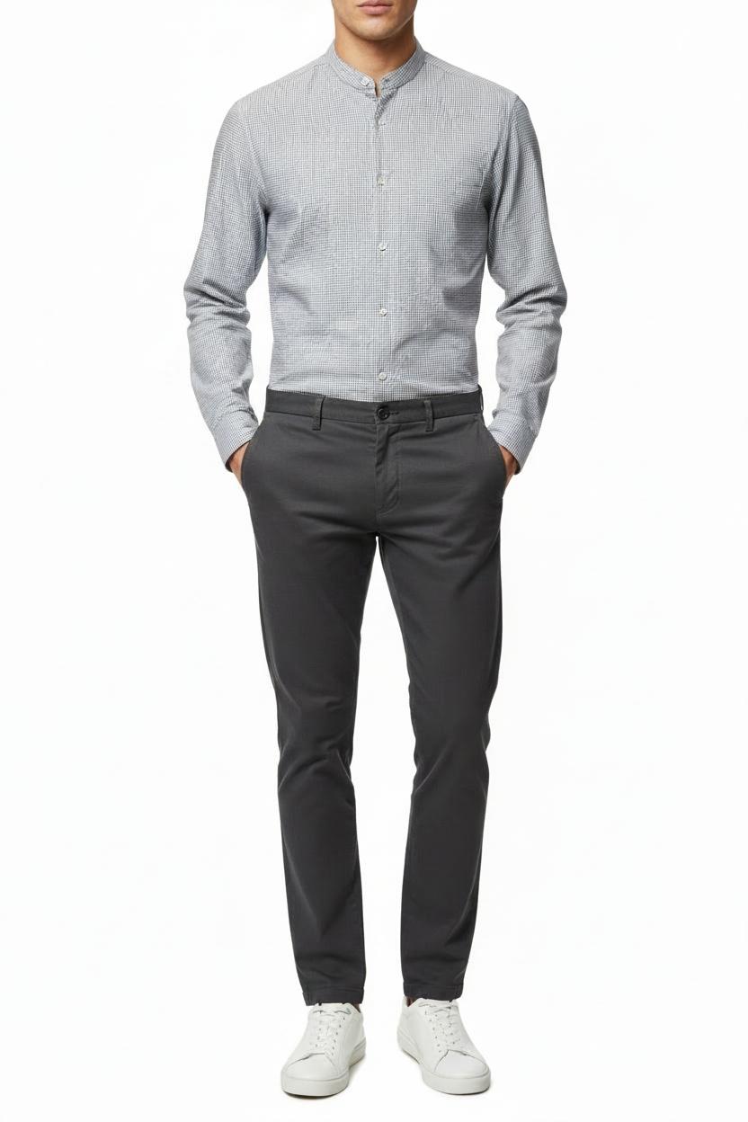 Model wearing grandad collar shirt, no pocket