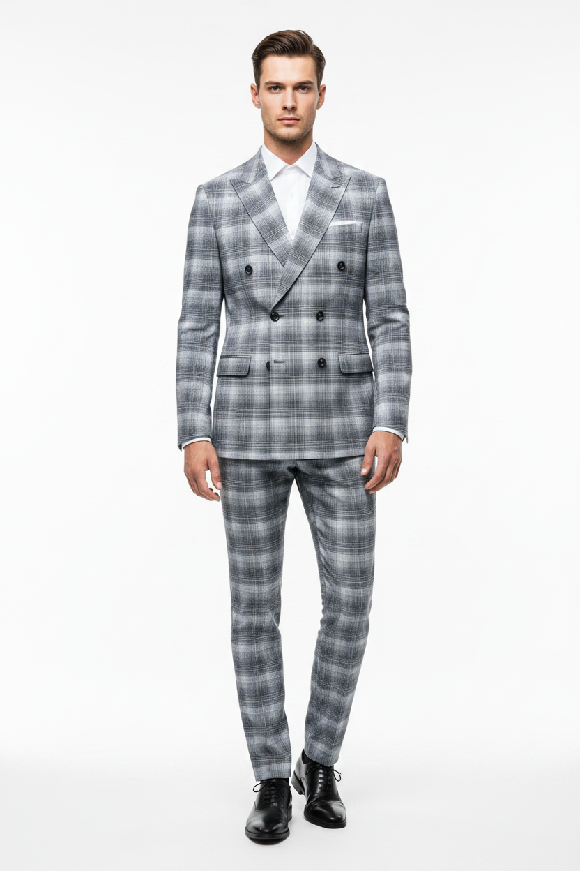 Model wearing grey check double-breasted suit