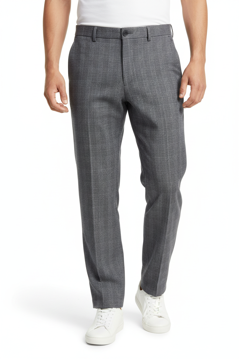 Model wearing grey check trousers, waist down