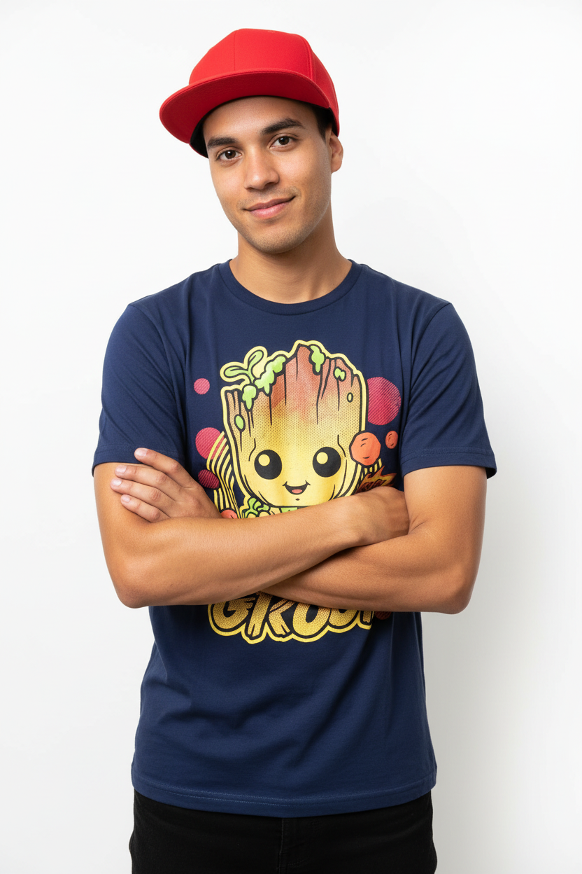 Model wearing Groot tee with red cap – head to waist
