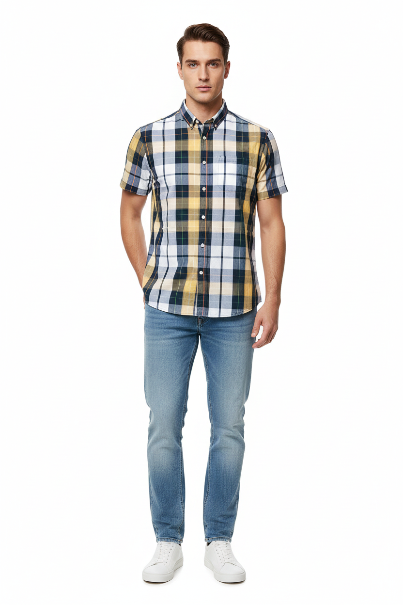 Model wearing madras plaid shirt