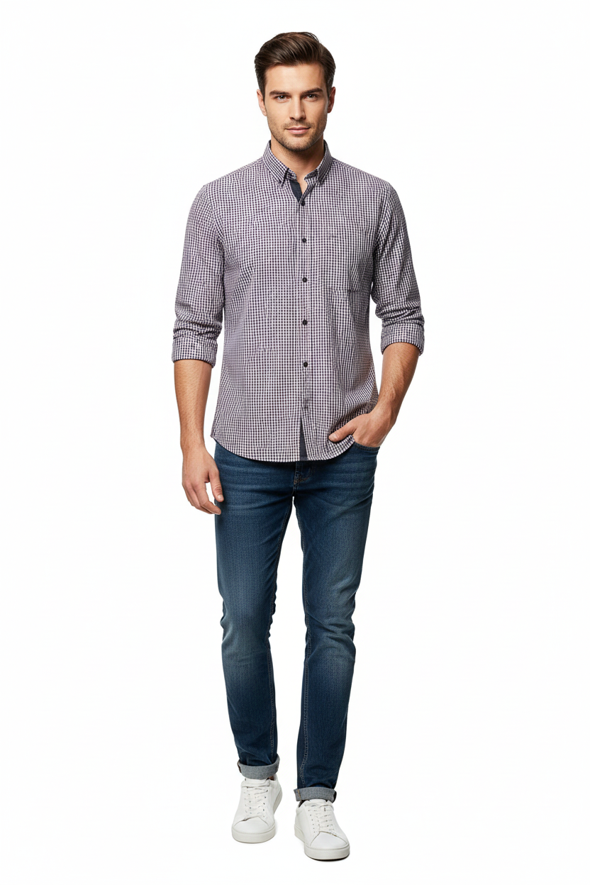 Model wearing micro-check long-sleeve shirt