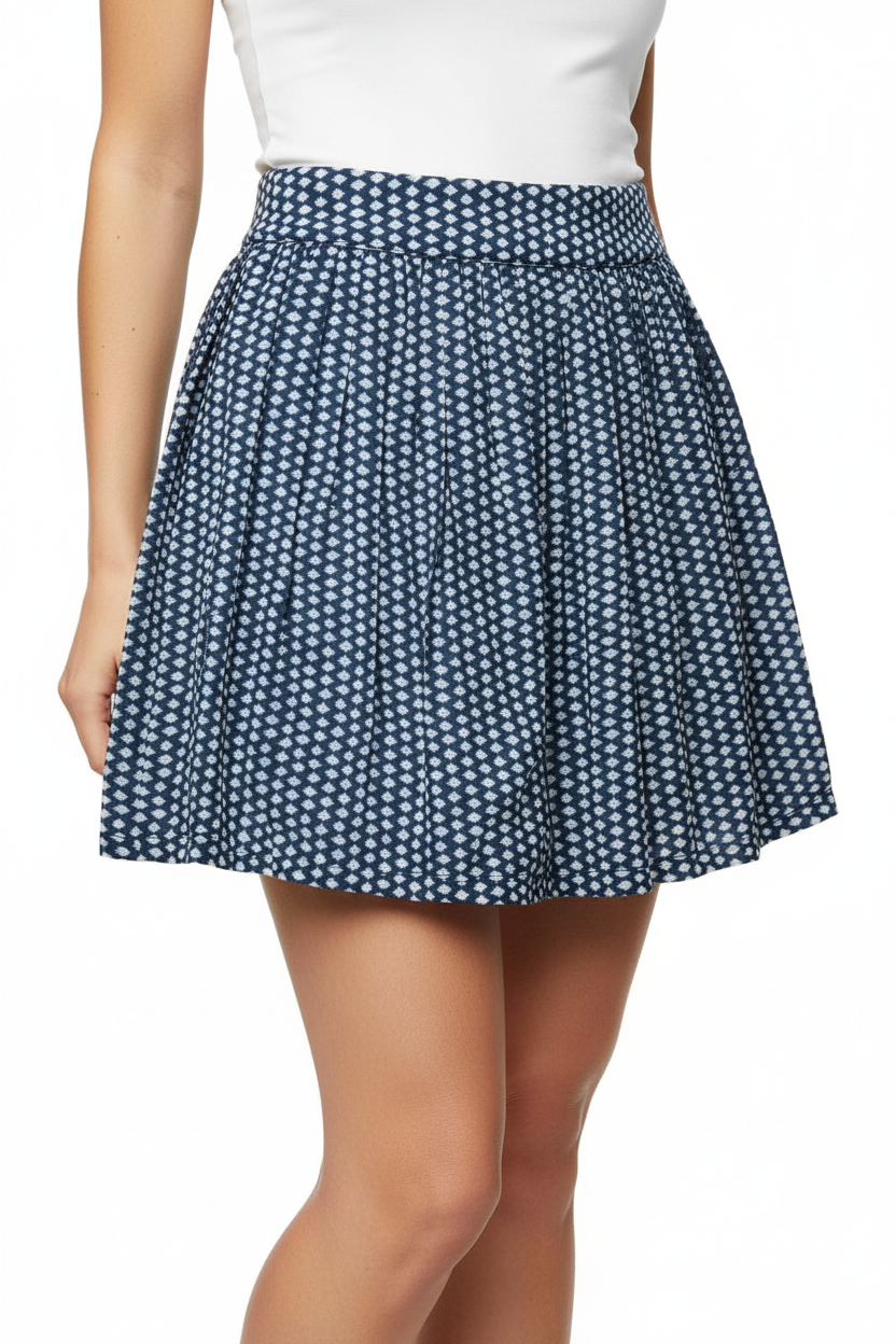 Model wearing navy pleated mini skirt