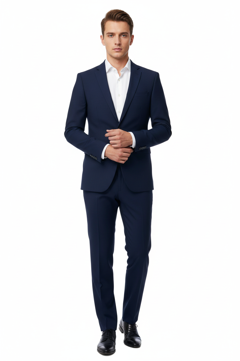 Model wearing Next navy one-button suit