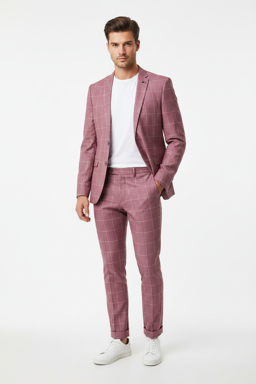 Model wearing pink check suit