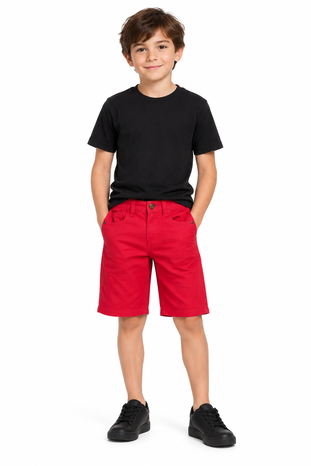Model wearing red shorts with a black T-shirt and black trainers
