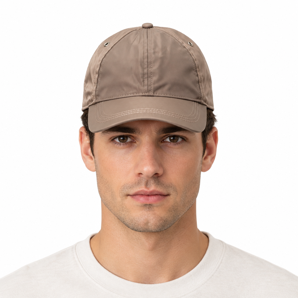 Model wearing the beige cap