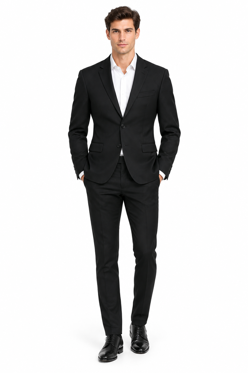Model wearing the black 2-piece suit