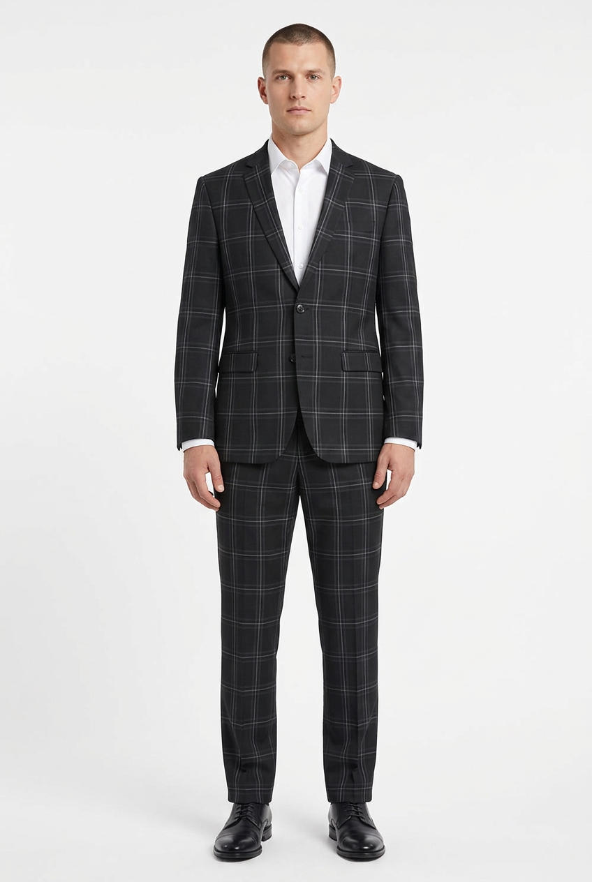 Model wearing the black check suit, without writing