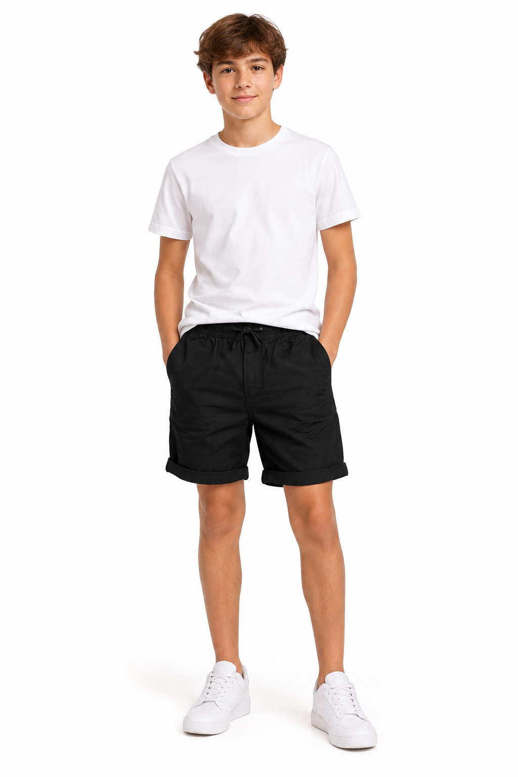 Model wearing the black drawstring shorts