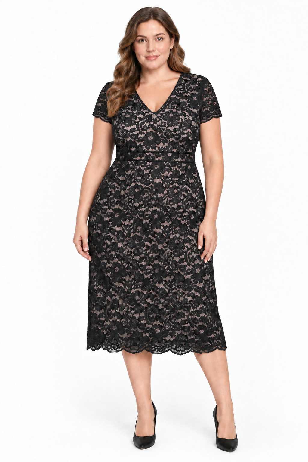 Model wearing the black lace midi dress, shorter sleeves v2