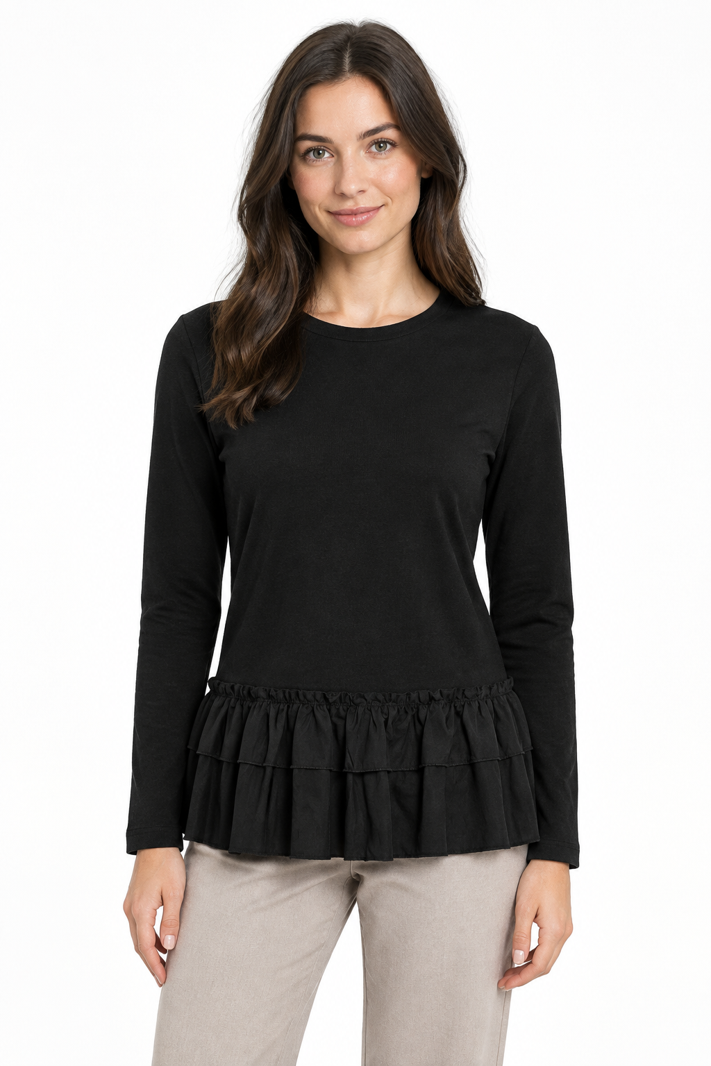 Model wearing the black River Island top