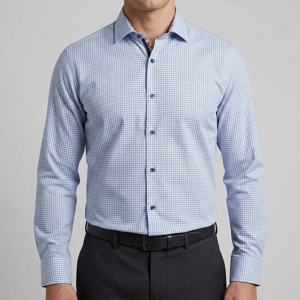 Model wearing the blue checked shirt tucked in and fully buttoned
