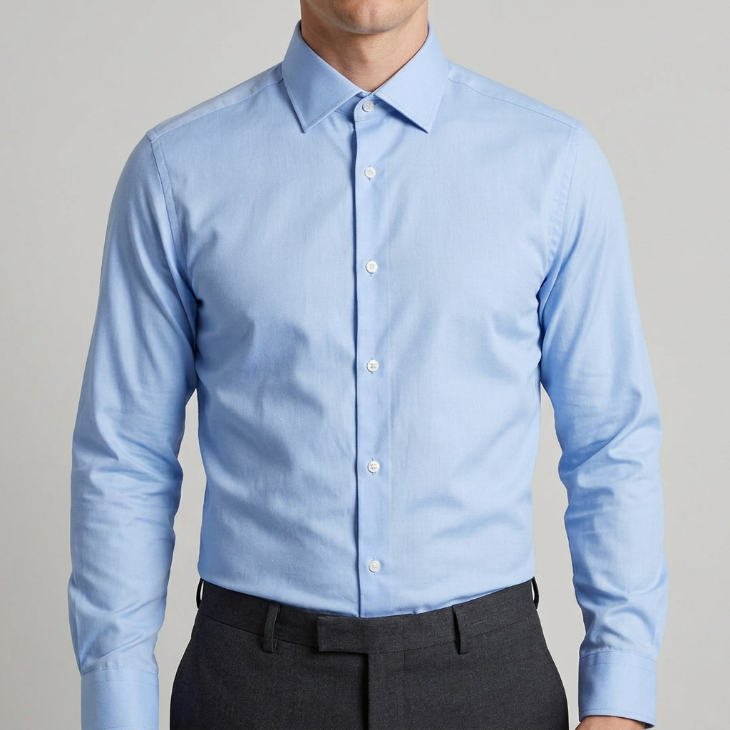 Model wearing the blue shirt tucked in with all buttons closed