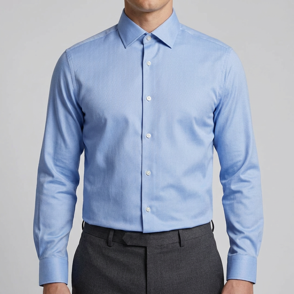 Model wearing the blue shirt tucked in with collar button closed