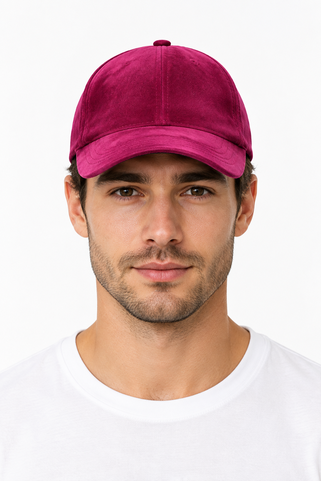 Model wearing the burgundy cap facing forward