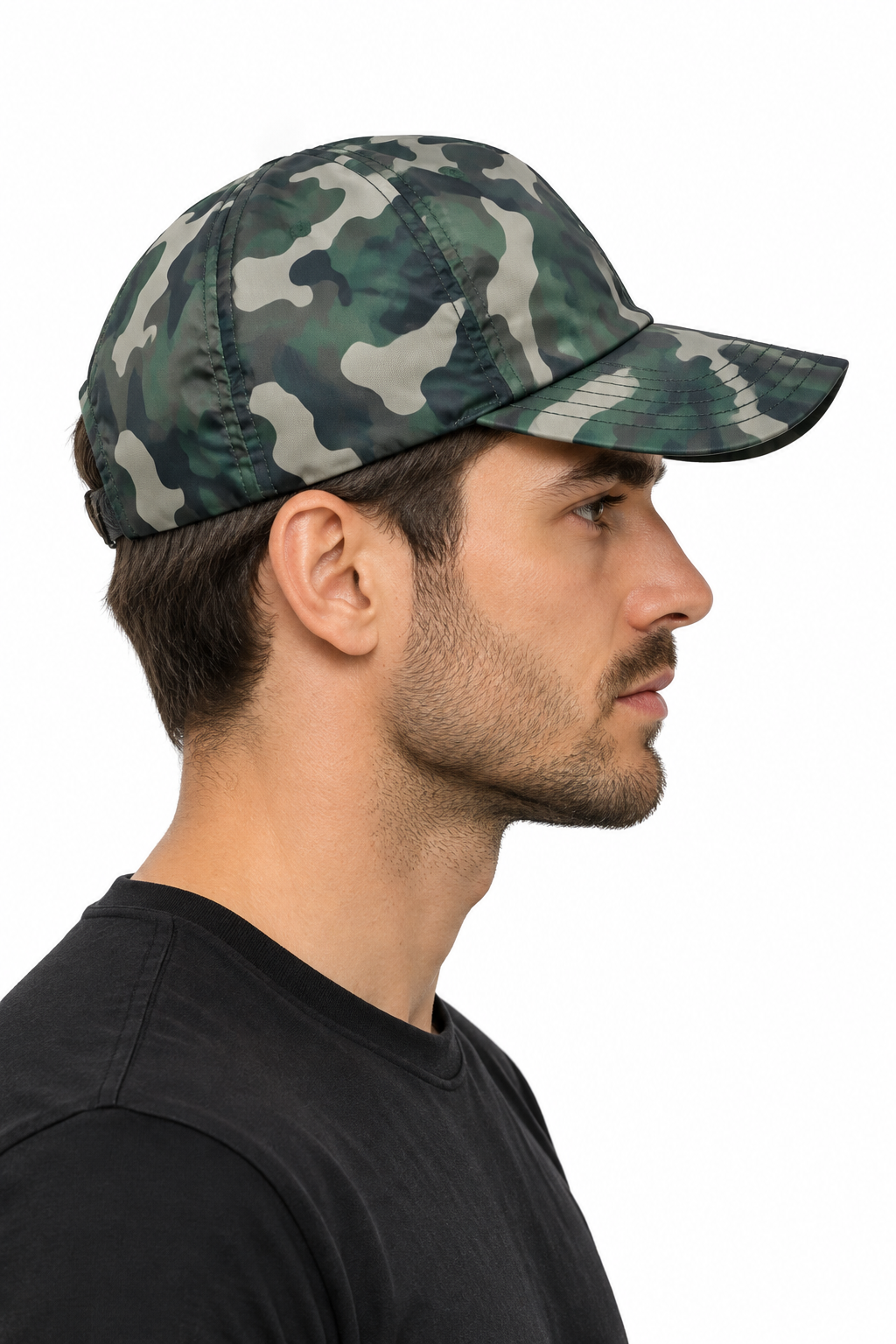 Model wearing the camouflage cap from the side