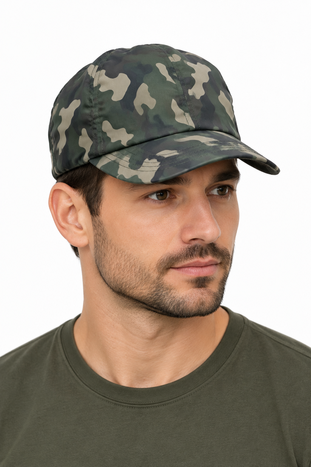 Model wearing the camouflage cap