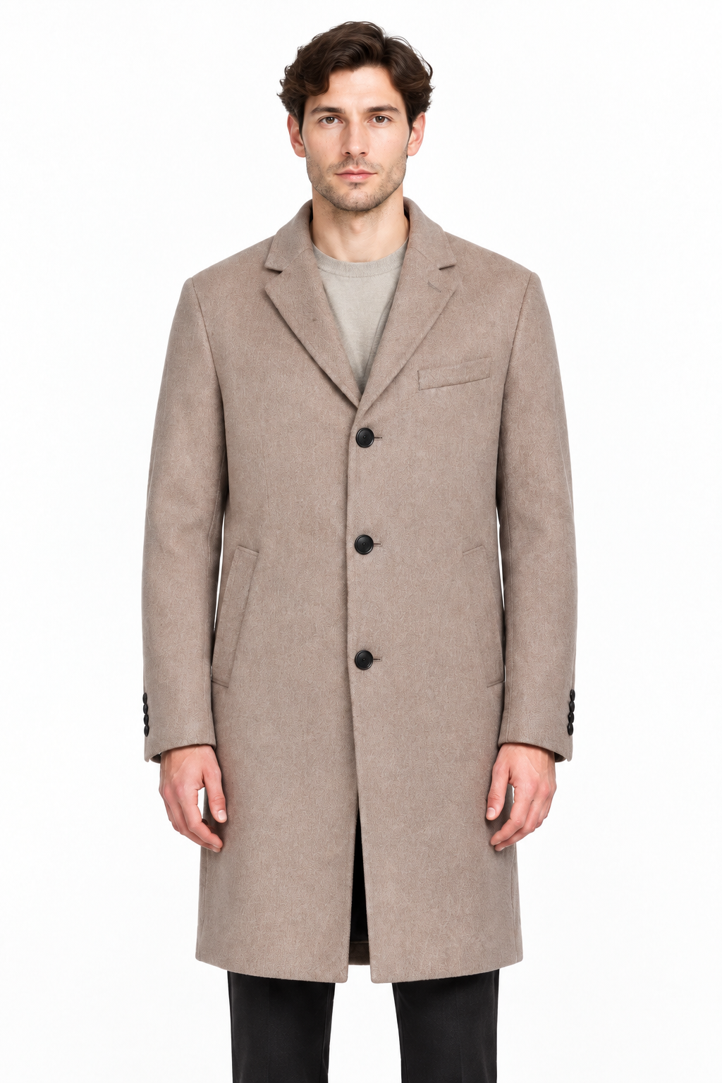Model wearing the coat, cropped from head to mid-thigh