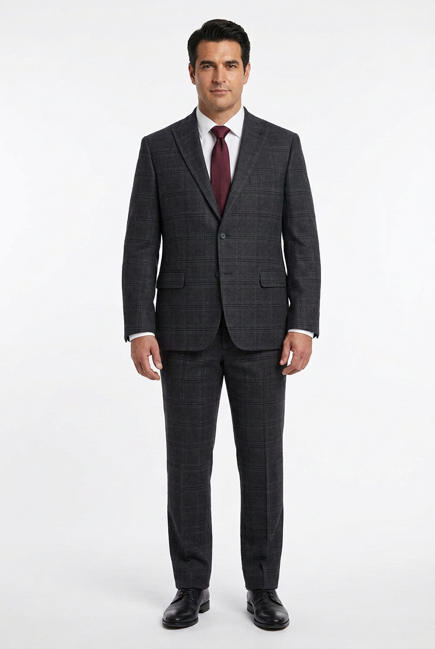 Model wearing the grey check suit with a burgundy tie