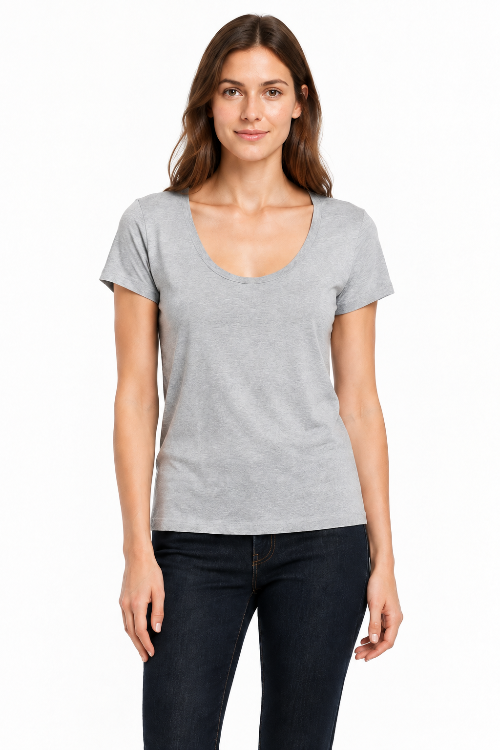 Model wearing the grey scoop-neck t-shirt, head-to-thigh crop